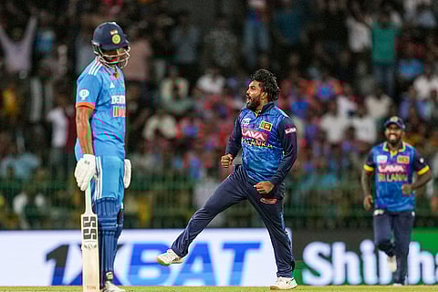Sri Lankan players celebrate Kuldeep Yadav's wicket